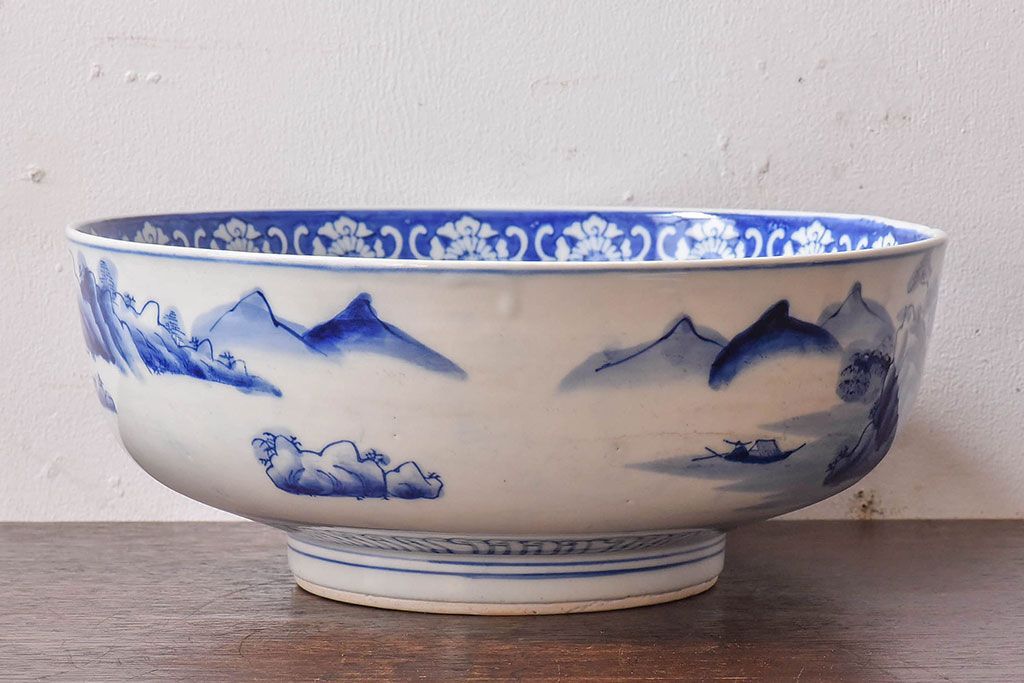 アンティーク雑貨　和食器　明治期　山水図　染付　アンティーク深鉢(深皿)(2)