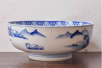 アンティーク雑貨　和食器　明治期　山水図　染付　アンティーク深鉢(深皿)(2)