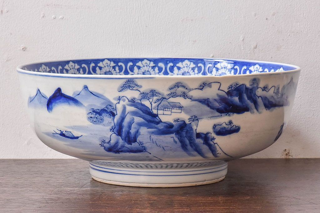 アンティーク雑貨　和食器　明治期　山水図　染付　アンティーク深鉢(深皿)(2)