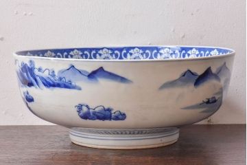 アンティーク雑貨　和食器　明治期　山水図　染付　アンティーク深鉢(深皿)(2)