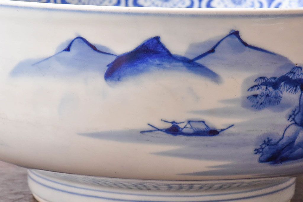 アンティーク雑貨　和食器　明治期　山水図　染付　アンティーク深鉢(深皿)(2)