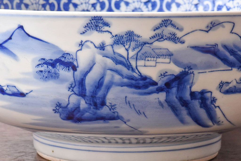 アンティーク雑貨　和食器　明治期　山水図　染付　アンティーク深鉢(深皿)(2)