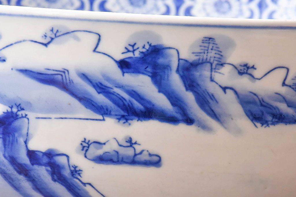 アンティーク雑貨　和食器　明治期　山水図　染付　アンティーク深鉢(深皿)(2)