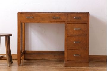 レトロ家具　昭和レトロ　天板ケヤキ材　明るい色味の薄型デスク(片袖机、在宅ワーク、在宅用ワークデスク、作業台)
