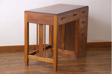 レトロ家具　昭和レトロ　天板ケヤキ材　明るい色味の薄型デスク(片袖机、在宅ワーク、在宅用ワークデスク、作業台)