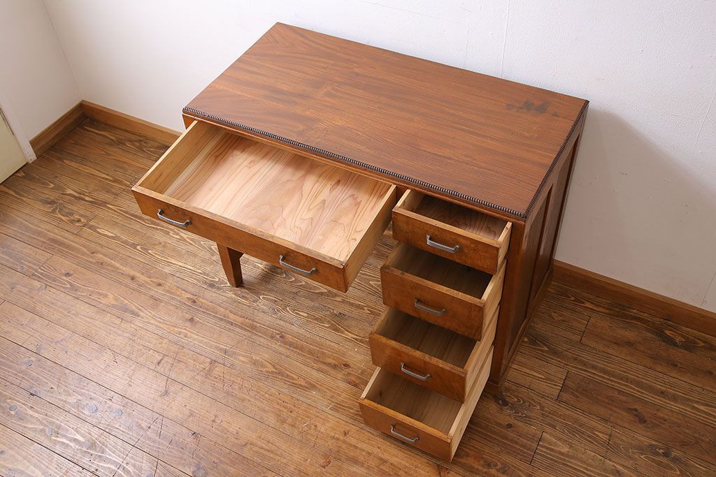 レトロ家具　昭和レトロ　天板ケヤキ材　明るい色味の薄型デスク(片袖机、在宅ワーク、在宅用ワークデスク、作業台)
