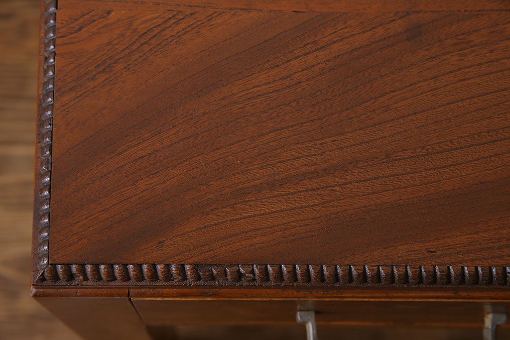 レトロ家具　昭和レトロ　天板ケヤキ材　明るい色味の薄型デスク(片袖机、在宅ワーク、在宅用ワークデスク、作業台)