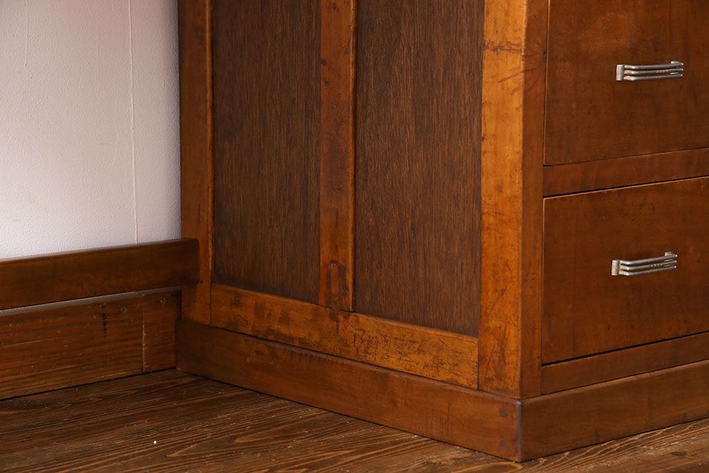 レトロ家具　昭和レトロ　天板ケヤキ材　明るい色味の薄型デスク(片袖机、在宅ワーク、在宅用ワークデスク、作業台)