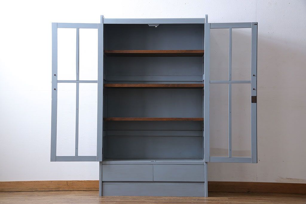 ヴィンテージ家具　爽やかなアンティークペイントが素敵なビンテージブックケース(本箱、本棚)