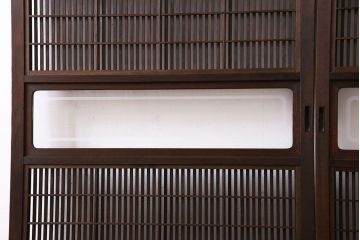 昭和期　腰板ケヤキ材　裏障子付き　上品な雰囲気漂うガラス帯格子戸(引き戸、建具)2枚セット(2)