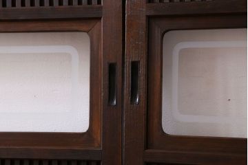 昭和期　腰板ケヤキ材　裏障子付き　上品な雰囲気漂うガラス帯格子戸(引き戸、建具)2枚セット(2)