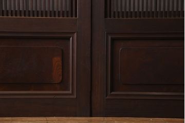 和製アンティーク　腰板ケヤキ材　細かな桟が美しい上質な裏障子付き格子戸(引き戸、建具)4枚セット