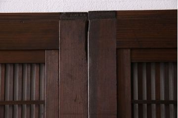 和製アンティーク　腰板ケヤキ材　細かな桟が美しい上質な裏障子付き格子戸(引き戸、建具)4枚セット