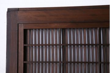 和製アンティーク　腰板ケヤキ材　細かな桟が美しい上質な裏障子付き格子戸(引き戸、建具)4枚セット
