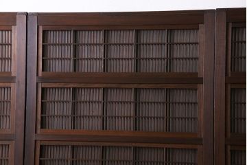 和製アンティーク　腰板ケヤキ材　細かな桟が美しい上質な裏障子付き格子戸(引き戸、建具)4枚セット