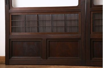 和製アンティーク　腰板ケヤキ材　細かな桟が美しい上質な裏障子付き格子戸(引き戸、建具)4枚セット
