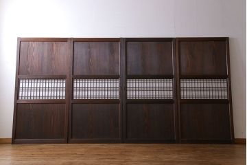 和製アンティーク　障子付き　どっしりとした存在感と繊細な雰囲気漂う格子帯戸(板戸、障子戸、引き戸、建具)4枚セット