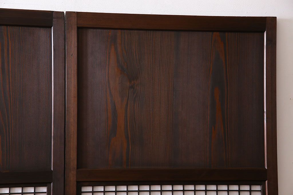 和製アンティーク　障子付き　どっしりとした存在感と繊細な雰囲気漂う格子帯戸(板戸、障子戸、引き戸、建具)4枚セット