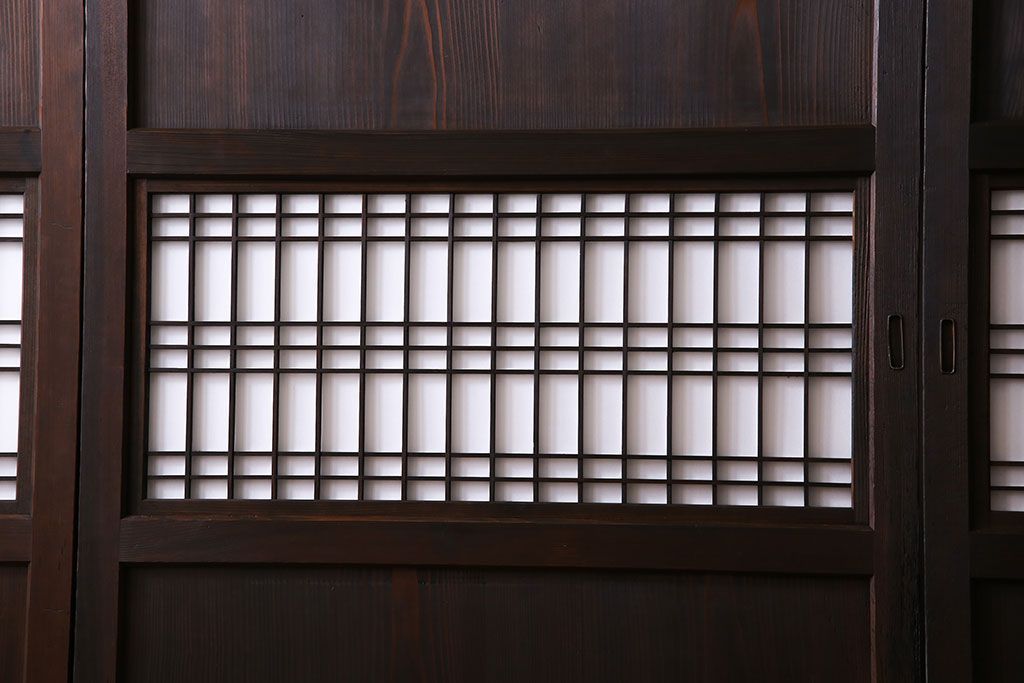 和製アンティーク　障子付き　どっしりとした存在感と繊細な雰囲気漂う格子帯戸(板戸、障子戸、引き戸、建具)4枚セット