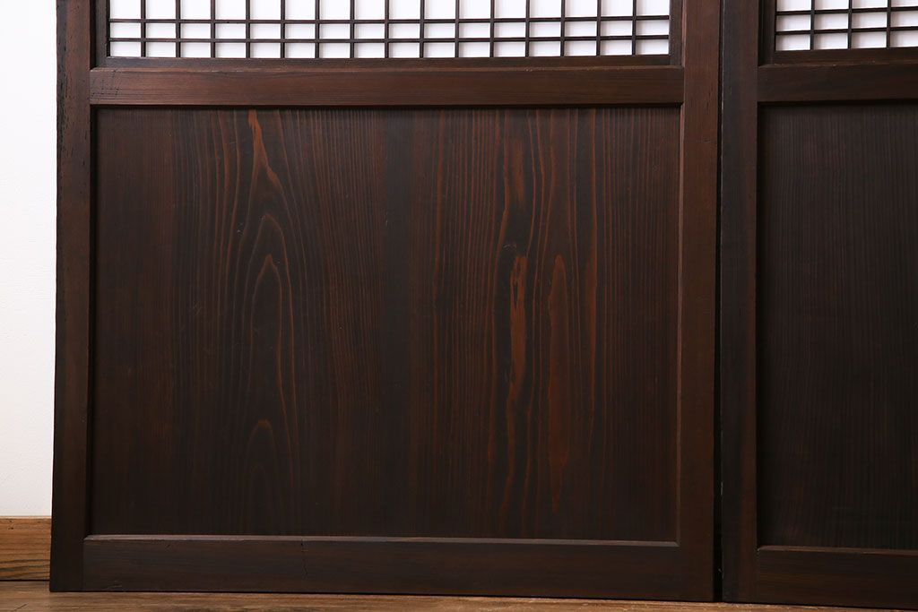 和製アンティーク　障子付き　どっしりとした存在感と繊細な雰囲気漂う格子帯戸(板戸、障子戸、引き戸、建具)4枚セット