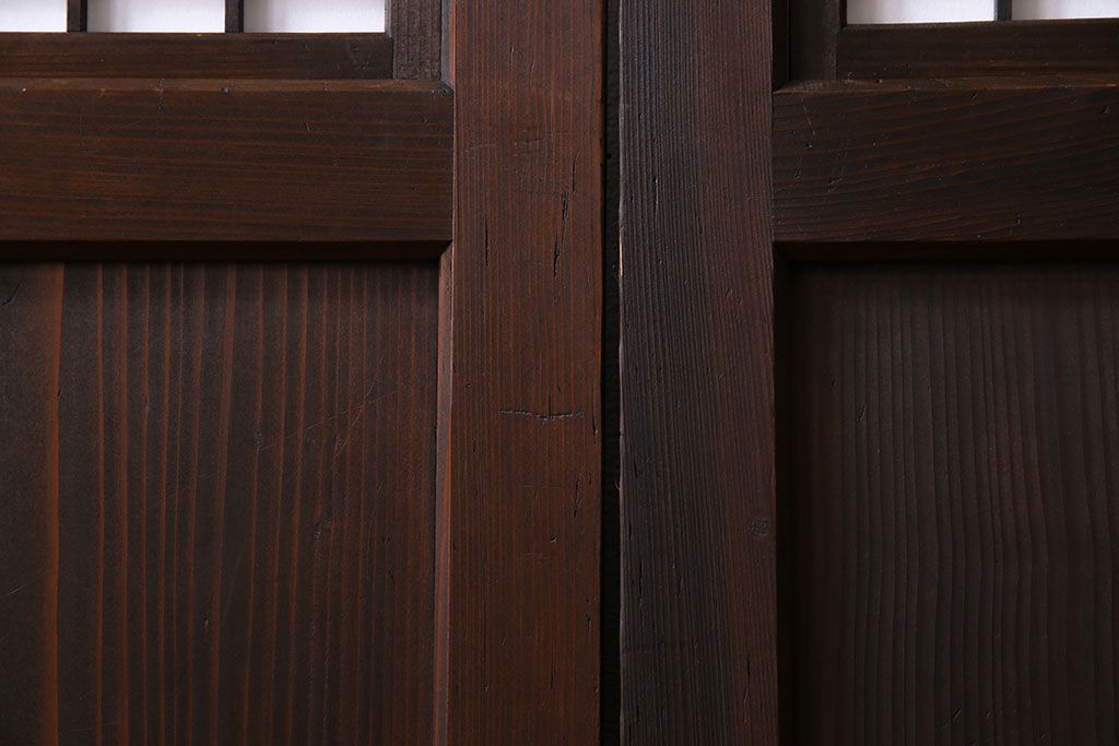 和製アンティーク　障子付き　どっしりとした存在感と繊細な雰囲気漂う格子帯戸(板戸、障子戸、引き戸、建具)4枚セット