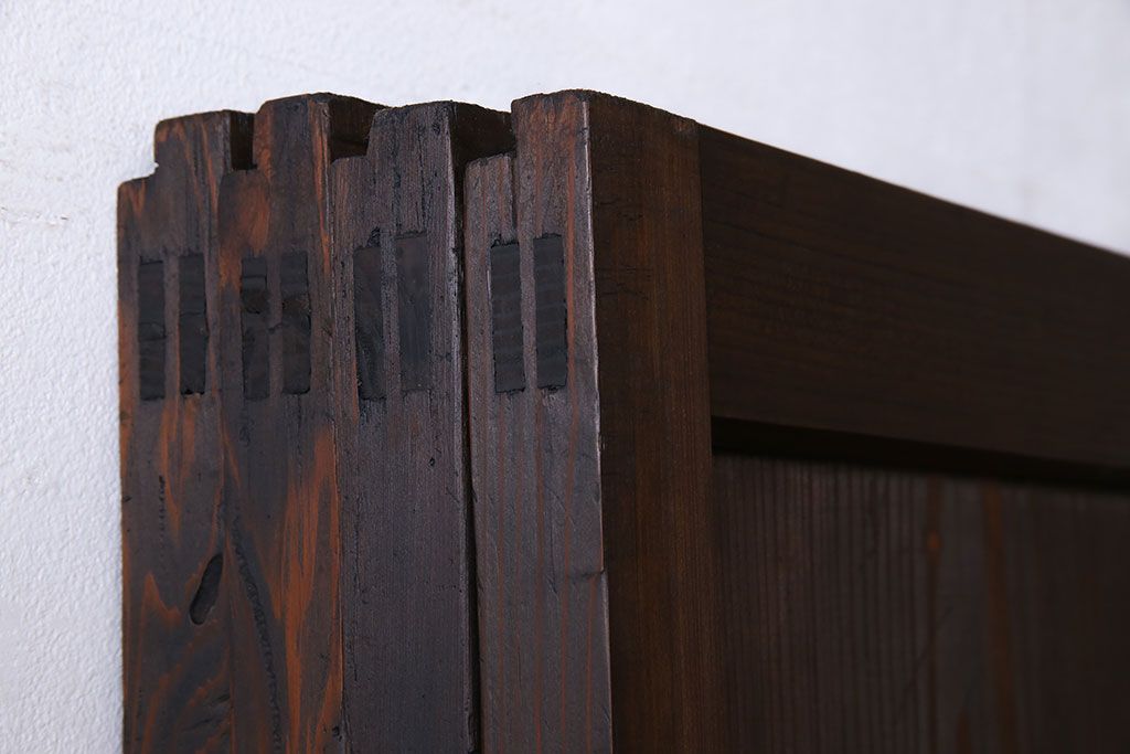 和製アンティーク　障子付き　どっしりとした存在感と繊細な雰囲気漂う格子帯戸(板戸、障子戸、引き戸、建具)4枚セット