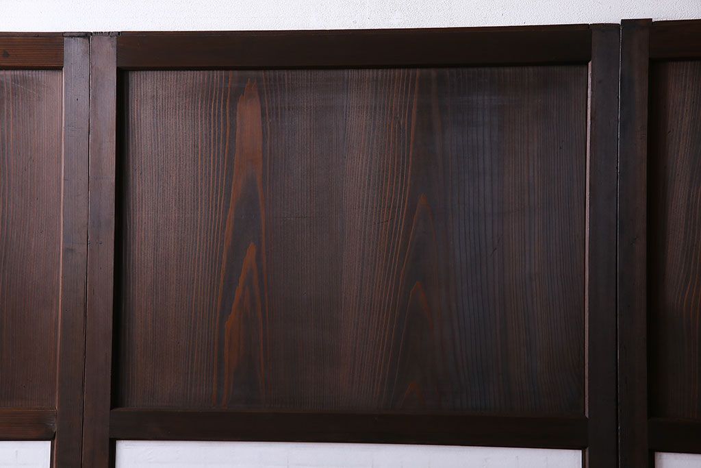 和製アンティーク　障子付き　どっしりとした存在感と繊細な雰囲気漂う格子帯戸(板戸、障子戸、引き戸、建具)4枚セット