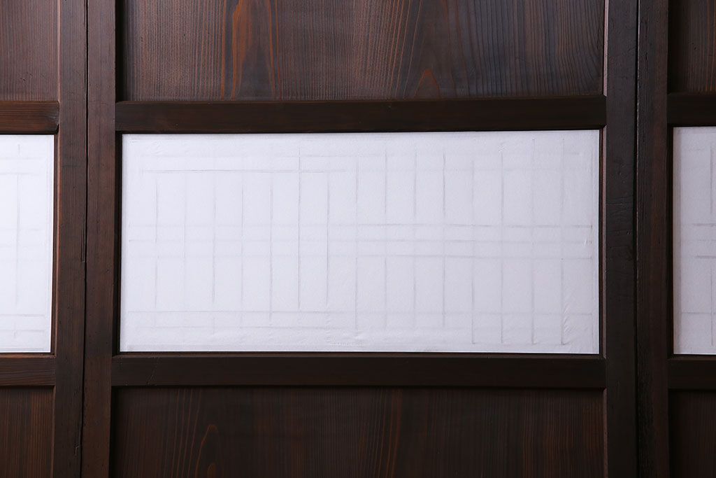 和製アンティーク　障子付き　どっしりとした存在感と繊細な雰囲気漂う格子帯戸(板戸、障子戸、引き戸、建具)4枚セット