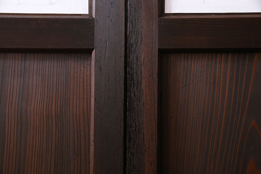 和製アンティーク　障子付き　どっしりとした存在感と繊細な雰囲気漂う格子帯戸(板戸、障子戸、引き戸、建具)4枚セット