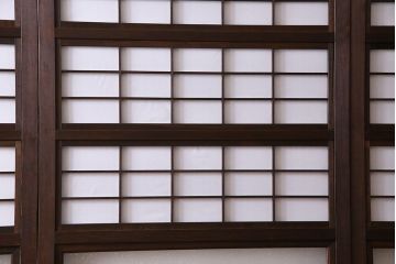 和製アンティーク　裏障子付き　上品な雰囲気漂うガラス帯格子戸(引き戸、障子戸、建具)4枚セット