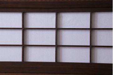 和製アンティーク　裏障子付き　上品な雰囲気漂うガラス帯格子戸(引き戸、障子戸、建具)4枚セット
