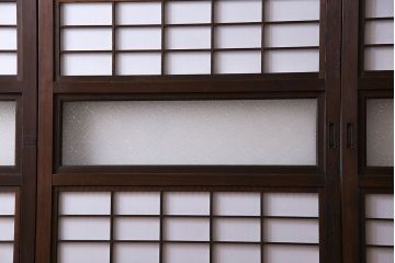 和製アンティーク　裏障子付き　上品な雰囲気漂うガラス帯格子戸(引き戸、障子戸、建具)4枚セット