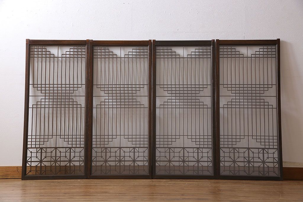 アンティーク雑貨　大正昭和期の古いアンティーク書院ガラス戸(引き戸、窓)4枚セット