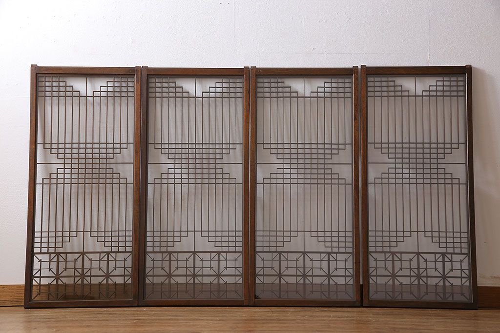 アンティーク雑貨　大正昭和期の古いアンティーク書院ガラス戸(引き戸、窓)4枚セット