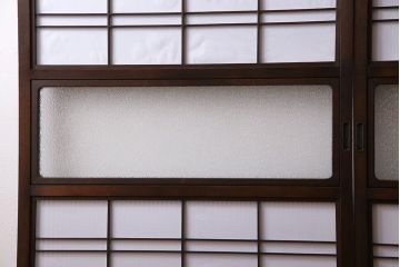 和製アンティーク　細かな格子が美しい万本格子戸(引き戸、建具、ガラス帯戸、障子戸)2枚セット(R-026944)