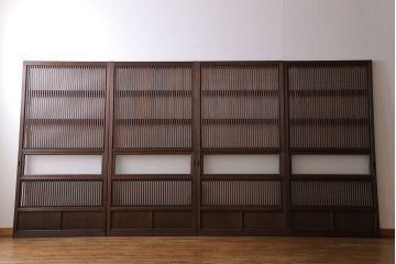 和製アンティーク　和モダンな雰囲気漂う裏ガラス入り格子戸(引き戸、建具)4枚セット(1)