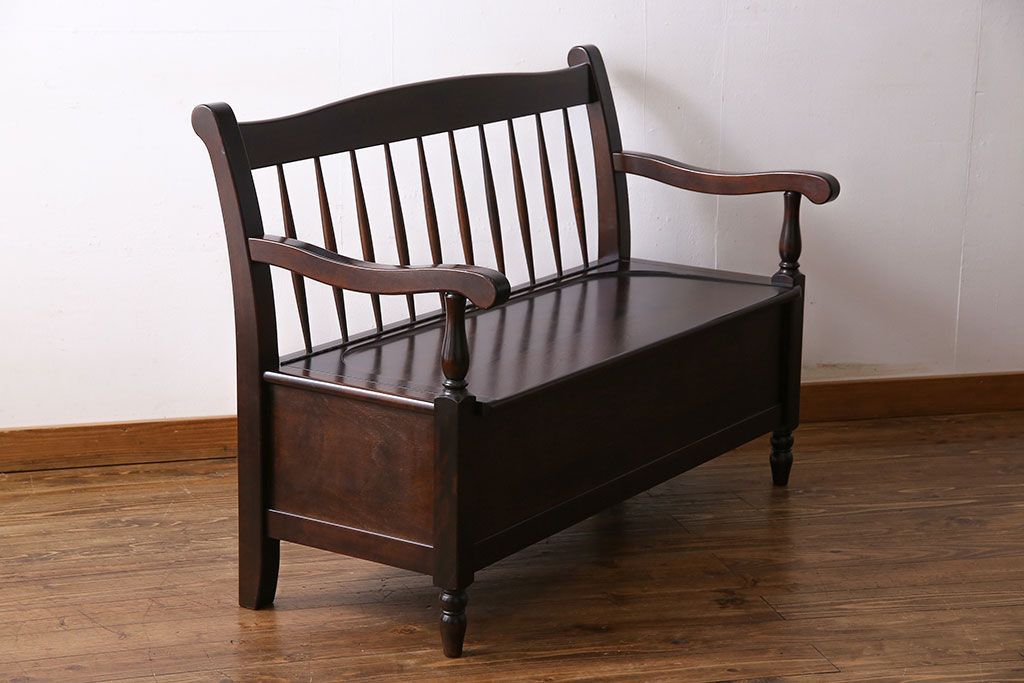 中古　北海道民芸家具　絶版品　上品なデザインの収納付きベンチ(イス、収納箱)