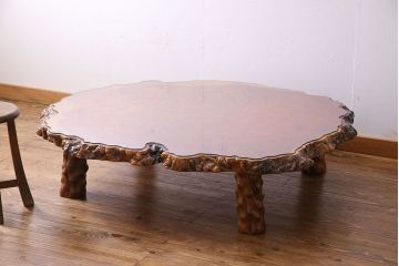 中古　特大　カリン材(花梨材)　鳥眼杢　独特な杢目が存在感を放つ座卓(定価約180万円)