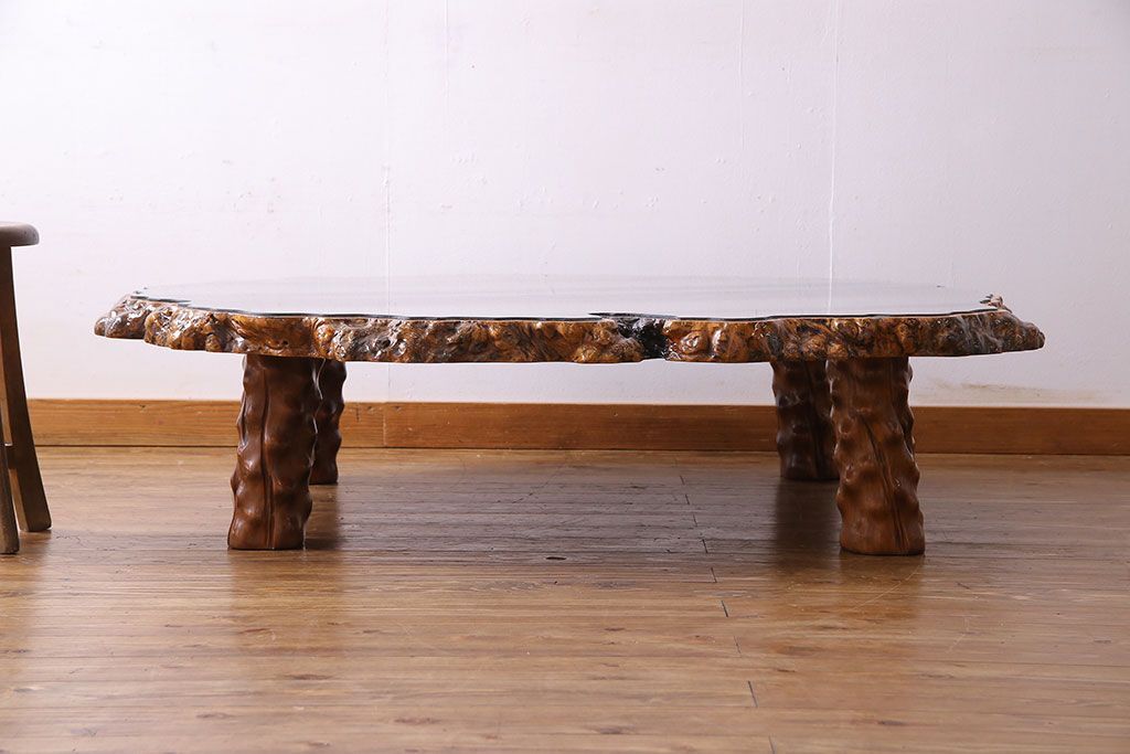 中古　特大　カリン材(花梨材)　鳥眼杢　独特な杢目が存在感を放つ座卓(定価約180万円)