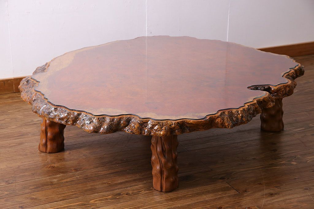 中古　特大　カリン材(花梨材)　鳥眼杢　独特な杢目が存在感を放つ座卓(定価約180万円)