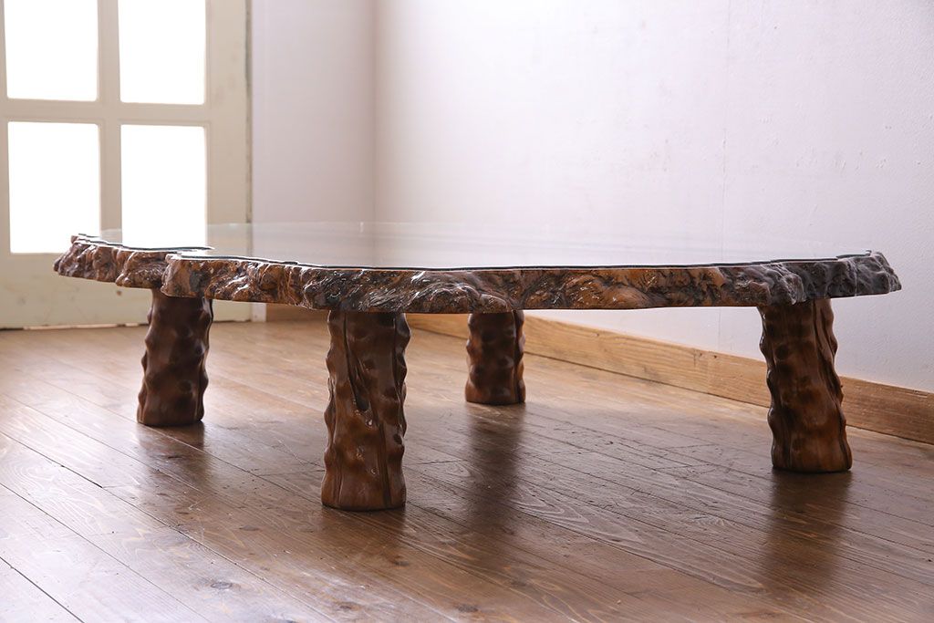 中古　特大　カリン材(花梨材)　鳥眼杢　独特な杢目が存在感を放つ座卓(定価約180万円)