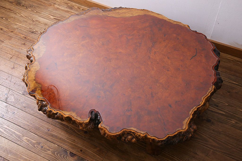 中古　特大　カリン材(花梨材)　鳥眼杢　独特な杢目が存在感を放つ座卓(定価約180万円)