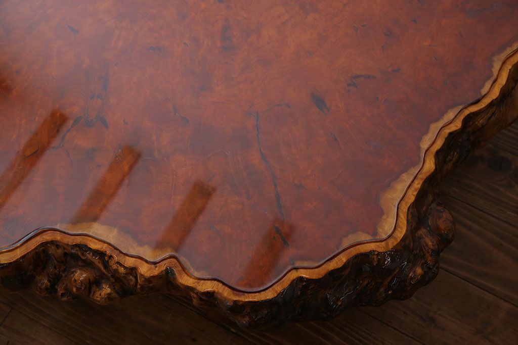 中古　特大　カリン材(花梨材)　鳥眼杢　独特な杢目が存在感を放つ座卓(定価約180万円)