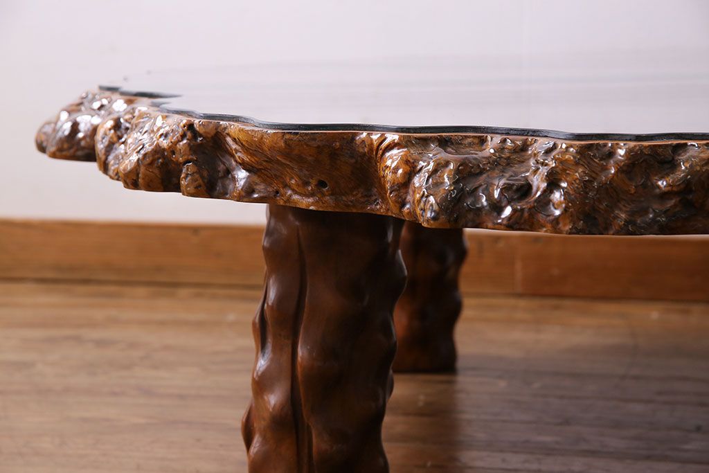 中古　特大　カリン材(花梨材)　鳥眼杢　独特な杢目が存在感を放つ座卓(定価約180万円)