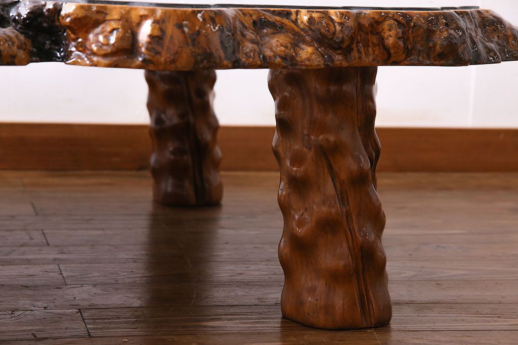 中古　特大　カリン材(花梨材)　鳥眼杢　独特な杢目が存在感を放つ座卓(定価約180万円)