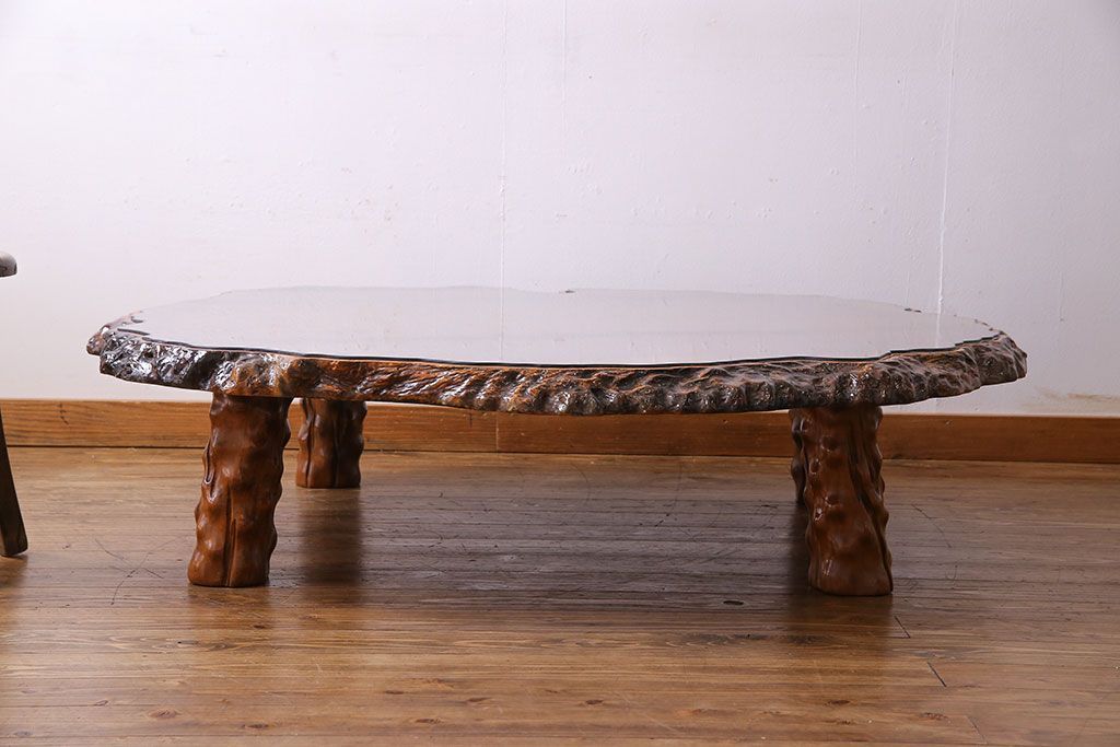 中古　特大　カリン材(花梨材)　鳥眼杢　独特な杢目が存在感を放つ座卓(定価約180万円)