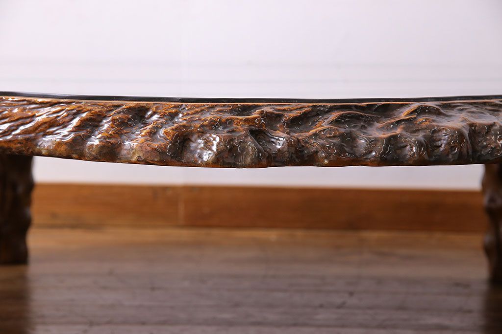 中古　特大　カリン材(花梨材)　鳥眼杢　独特な杢目が存在感を放つ座卓(定価約180万円)