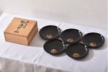 アンティーク雑貨　輪島塗　春帆造　花丸蒔絵　菓子皿(漆器)5枚セット