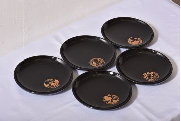 アンティーク雑貨　輪島塗　春帆造　花丸蒔絵　菓子皿(漆器)5枚セット