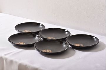 アンティーク雑貨　輪島塗　春帆造　花丸蒔絵　菓子皿(漆器)5枚セット